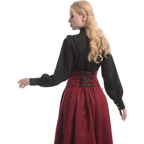 Women Black Victorian Blouse Gothic Shirt Vintage Long Sleeve Lotus Ruffle Tops - Picture 6 of 9